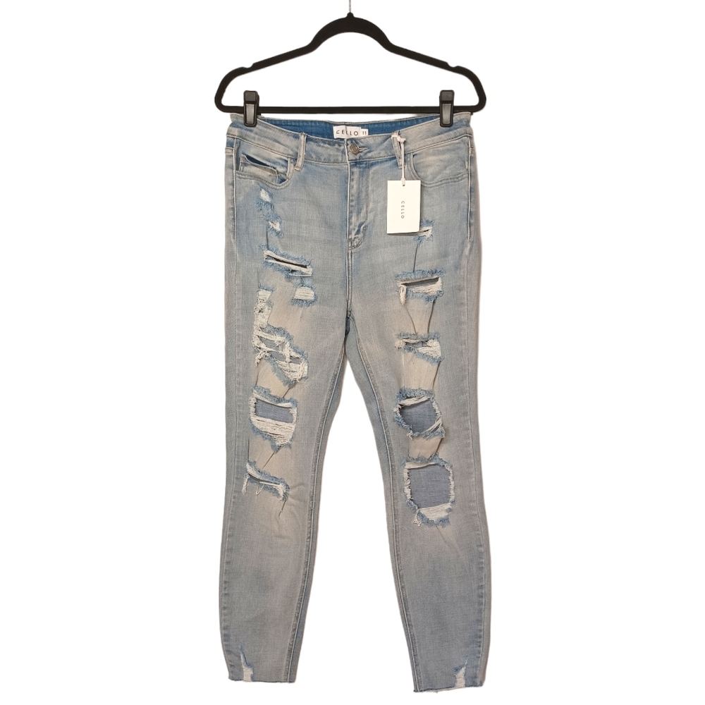 CELLO Light Blue Wash Distressed High Rise Skinny Raw Hem Jeans 11 NWT